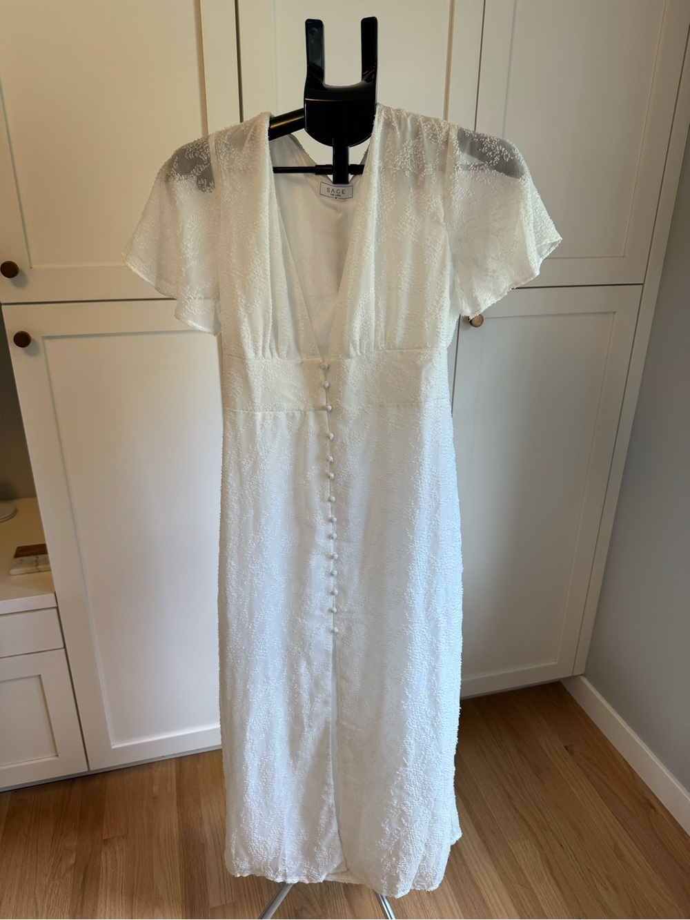 Sage White Textured Midi Dress with Button Front